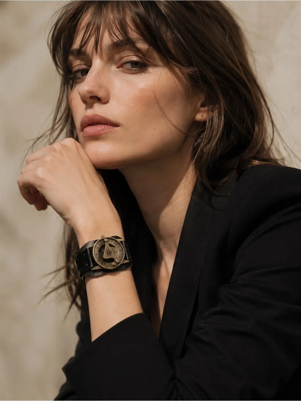 PANDEIA Sundial Watch Black Leather Cuff Bronze Roman Numeral Steampunk Artisan